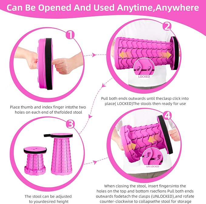Qiguet Collapsible Stool, Folding Chair - Upgraded Portable Chair with Load Capacity 400lbs, Portable Stool for Camping Fishing Hiking - Folding Stool with Carrying Strap,Gifts for Fisherman(All Pink)