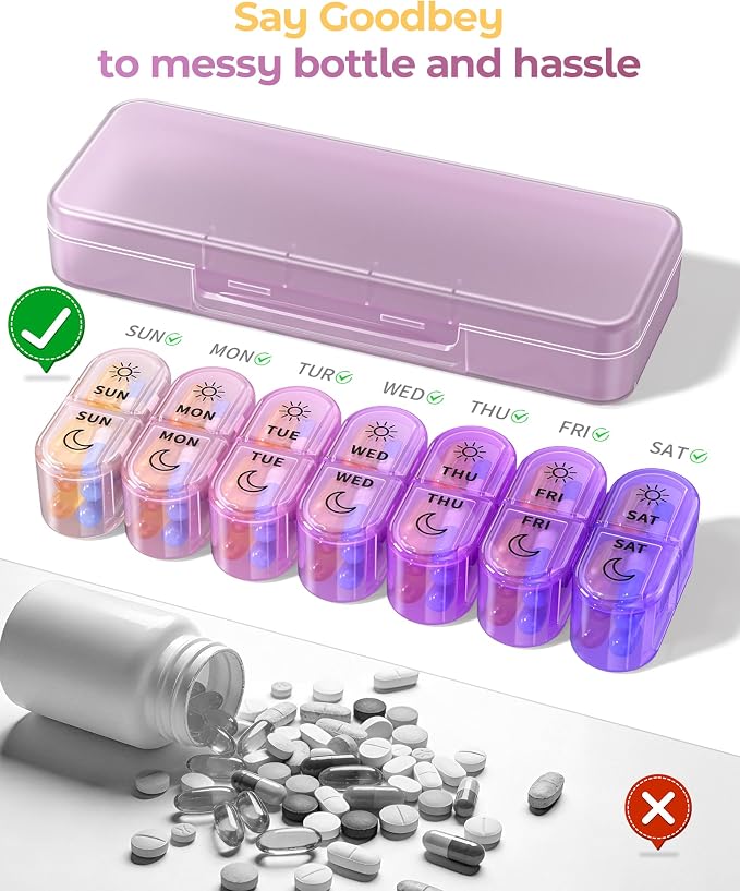 Weekly Pill Organizer 2 Times a Day, AM PM Pill Box 7 Day with 7 Removable Daily Cases, 14 Compartments Easy Open Travel Pill Organizer for Vitamins, Fish Oil and Supplements