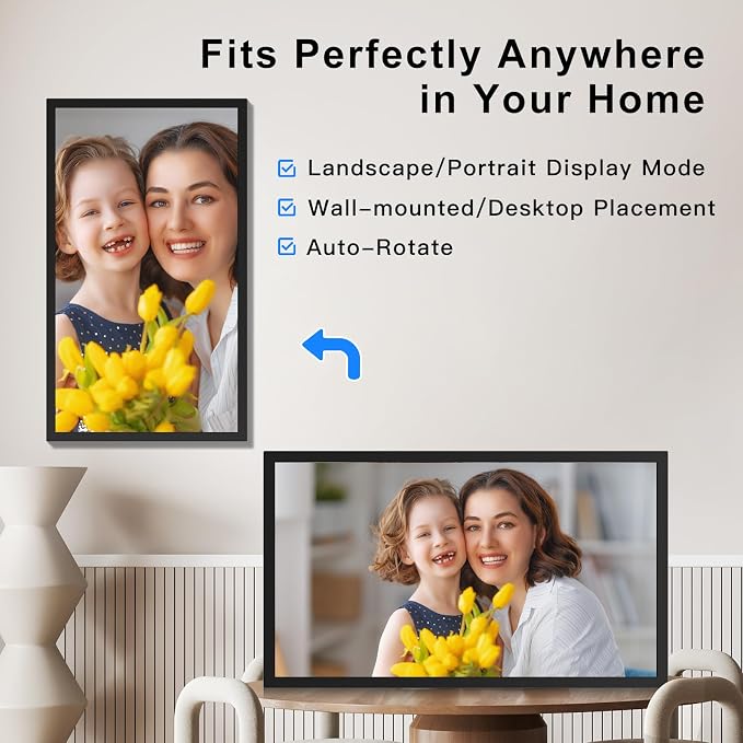 21.5 inch Large Digital Picture Frame Digital Photo Frame WiFi - 64GB, IPS FHD, Auto Rotate, Load Photos Videos from Phone via App Email, Free Cloud, Wall Mounted, Gift for Family, No Touchscreen