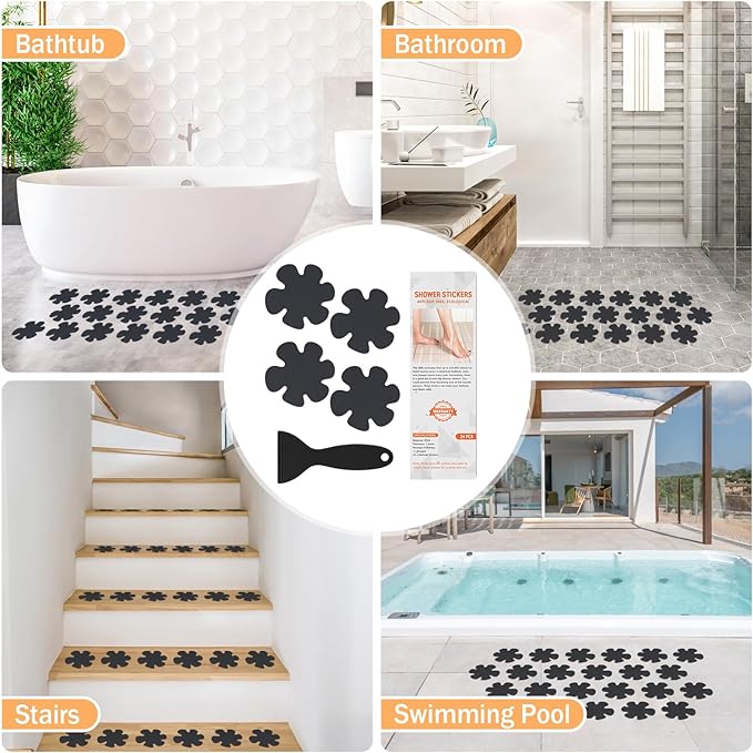 Non Slip Bathtub Stickers, 24 PCS Shower Safety Decals - Bathtub & Shower Floor Non Slip Stickers, Adhesive Decals Scraper for Stairs & Ladders (Flower Shape, Black)