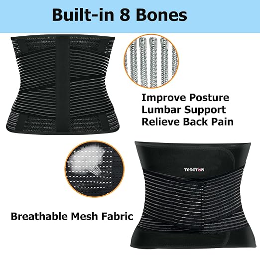TESETON Back Support Belt for Women and Men, Back Brace Relieve Lower Back Pain, Lower Back Brace with 8 Reinforce Bones,Tummy Control 03 Black-M
