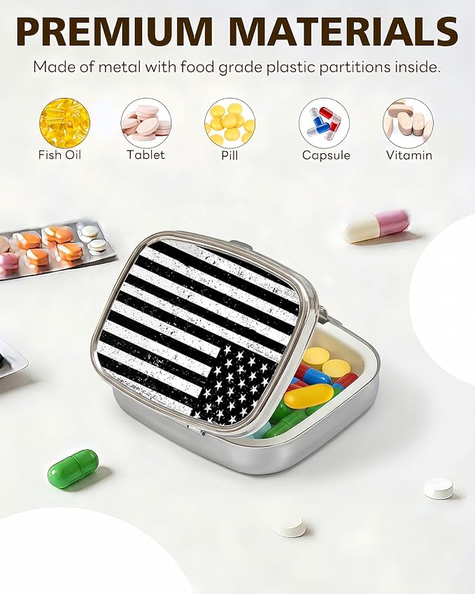 LRITER Pill Case, 2 Compartment Portable Small Travel Pill Organizer for Purse and Pocket, Stylish Medicine Case with Multiple Patterns, Daily Pillbox for Home & Travel (Flag)