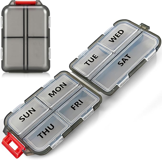 7 Day Compact Pill Organizer, Foldable Portable Travel Pill Box with Double Protection, Daily Small Pill Case Dispenser for Medication, Vitamins, Supplements (Clear Black)