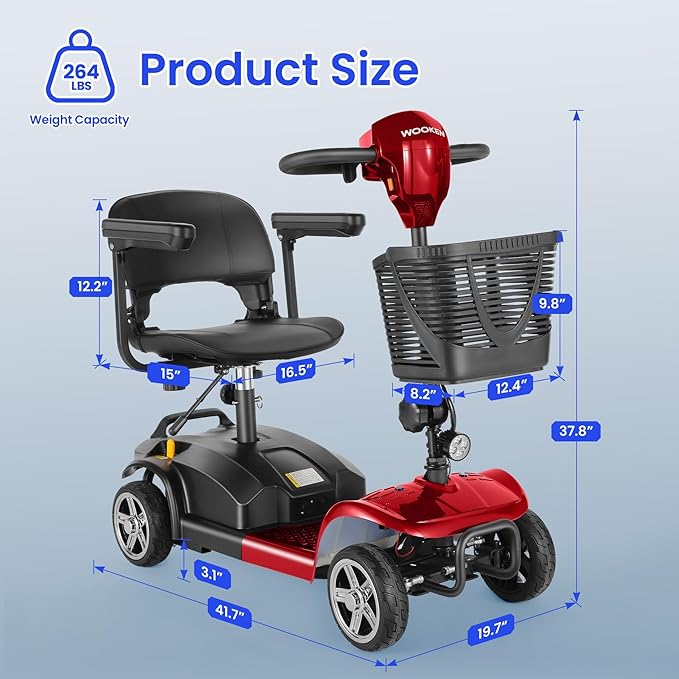 Wooken Mobility Scooters for Seniors, Adults, 4 Wheels Foldable Powered Mobility Scooter 264 lbs All Terrain, Compact Heavy Duty Electric Powered Wheelchair with Seat for Travel, Smart Safety System