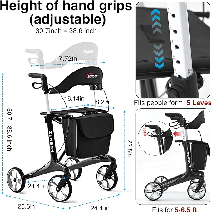 Rollator Walker for Seniors/Adults Foldable Rolling Walker with Seat 440 lbs Capacity 4 Big 7.9 inch Wheels Hand Grips Adjustable Height Lightweight Carbon Fiber Walker Removable Back Support