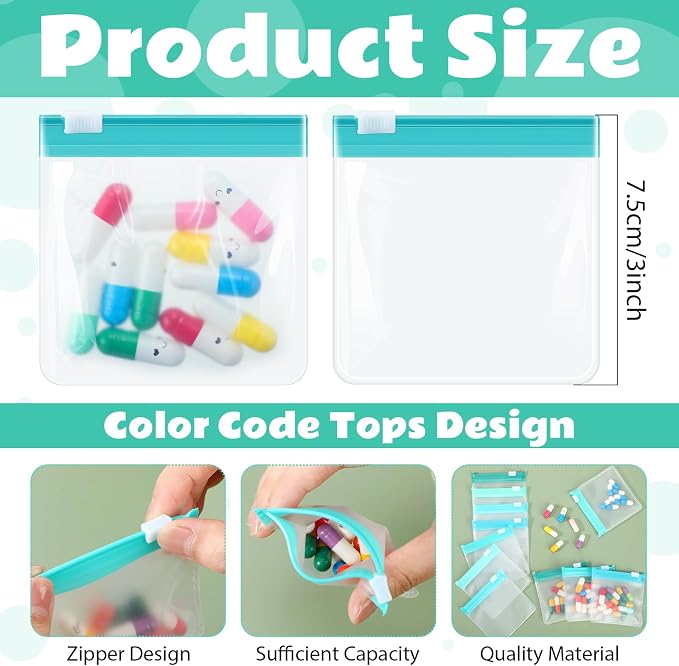 Sherr 35 Pcs Pill Pouch Bags with Zipper Pill Pouch Set Travel Reusable Translucent Medicine Organizer Self Sealing Plastic Bag with Slide Lock for Storage(Dark Green,3 x 3 Inch,Blank Style)