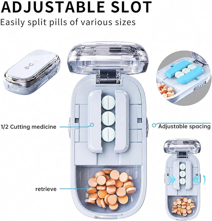 Pill Cutter Splitter for Small and Tiny Pills - Adjustable Pill Splitter with Centering Device for Cutting Multiple Pills, Accurate Alignment and Easy to Use, Storage Organizer (Blue)