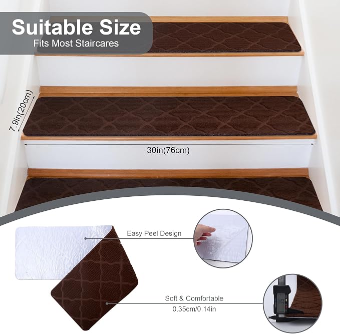 7 PCS Non Slip Stair Treads for Wooden Steps – 8"x30" Indoor Non Slip Stair Treads, Carpet Stair Mats with Self-Adhesive Backing, Removable & Machine Washable – Brown Pattern