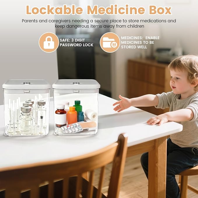 Small Lock Box for Safe Medication,Clear Lock Box with Combination Code,Locked Medicine for Pills First Aid,Lockable storage box for Snack/Fridge/Food/Phone medicine Organizer 5.5x5.5x5.6in