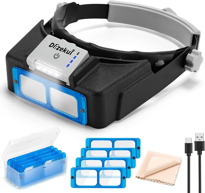 Dilzekui Rechargeable Magnifying Glasses for Close Work 1.5X to 3.5X Lenses | with Adjustable Light, Opitcal Arylic Lens, Lightweight Magnify Headset, Handsfree Head Magnifier for Jewelers Hobbies Crafts