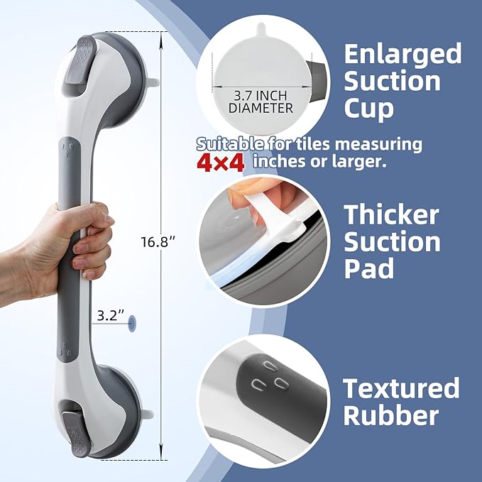 Grab Bars for Bathtubs and Showers Glow in The Dark, 17 inch Suction Grab Bar, Shower Handle Safety Grip Handrail for Seniors and Elderly, Removable Waterproof No Drilling, Grey