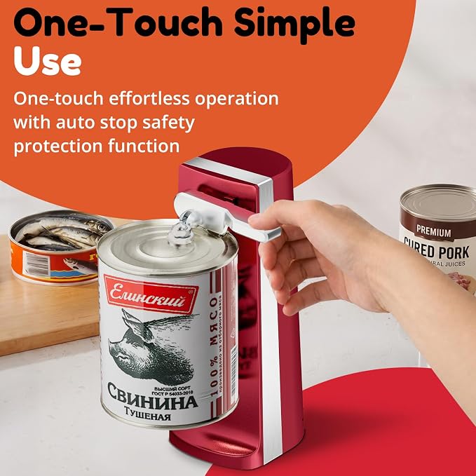 Davivy Electric Operated Can Opener for One Millet Opener, Removable Stainless Steel Cutter and 3-in-1 Design with Knife Sharpener and Bottle Opener (ABS-Red)