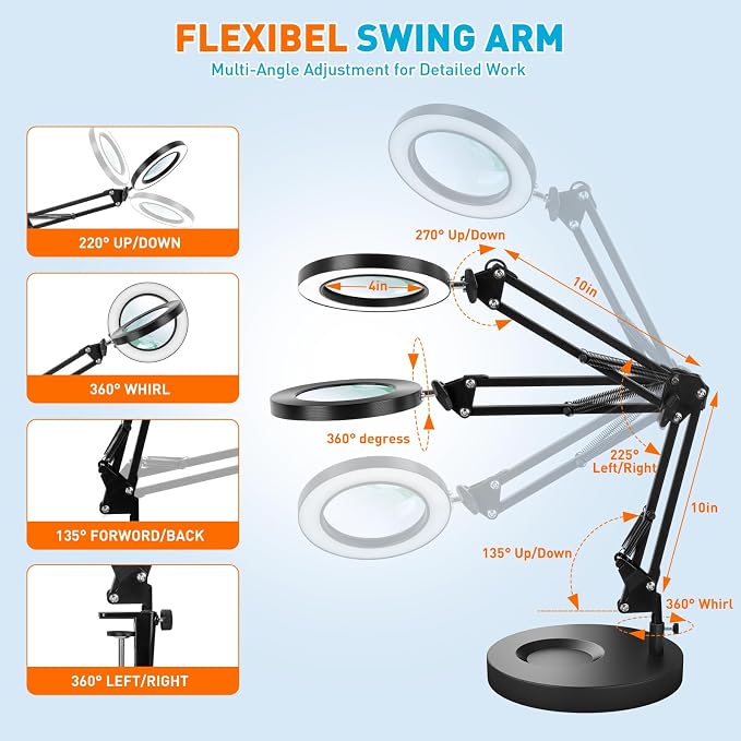 KIRKAS 10X Magnifying Glass with Light and Stand, 2 in 1 Stepless Dimmable | LED Desk Lamp with Clamp, 3 Color Modes Lighted Magnifier Swivel Arm Light for Reading, Craft, Close Works - Black