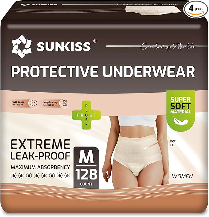 SUNKISS Women Incontinence Underwear, Daytime Disposable Postpartum Adult Panties, Protective Pull Ups with Maximum Absorbency, Medium, Beige, 128 Count