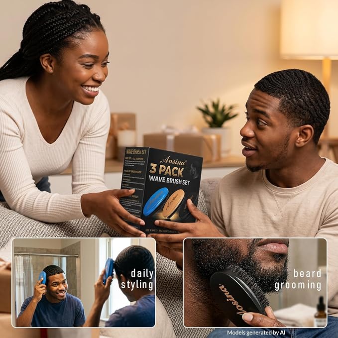 360 Wave Brush Set for Men (Soft, Medium, Hard Boar Bristles) – 3-Pack Curved Palm Hair Brushes for 360 Waves, Wolfing & Daily Grooming – Complete Wave Grooming Kit & Gift Pack