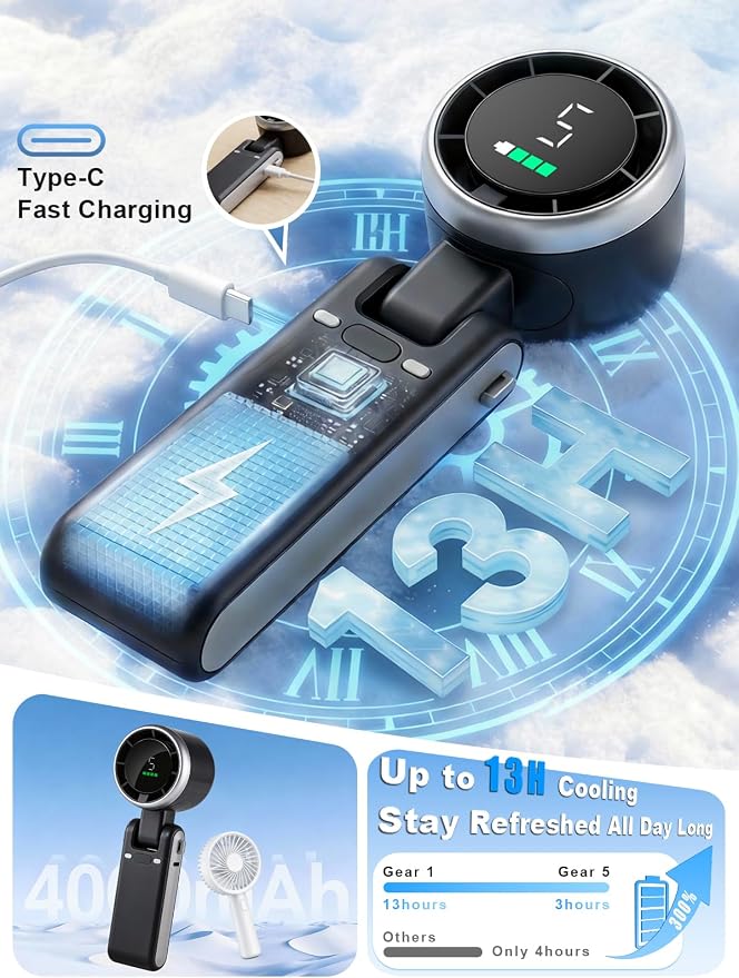 Portable Handheld Turbo Fan, 5 Gear Wind, Battery Operated, Up to 13 Working Hours Rechargeable Fan, 3 IN 1 Hand Fans with Air Turbo Tech Cooling Fan for for Travel, Beach, Outdoor - Black