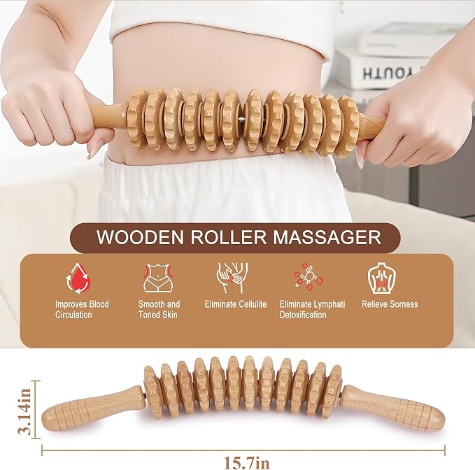 Wood Massage Roller Muscle Roller Cellulite Massage Tool Fascia Blaster Lymphatic Drainage Massager Wood Therapy Massage Tools for Deep Tissue Muscle Relief Recovery(12-Wheel)