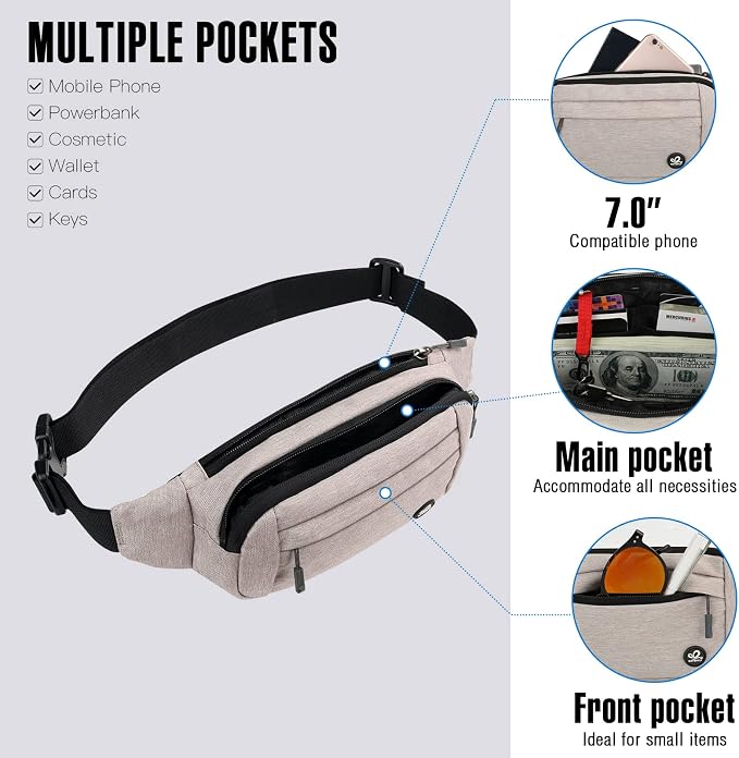WATERFLY Small Fanny Pack Crossbody Lightweight Waist Bag for Woman Man | Adjustable extender strap, Slim compact, Water-resistant durable material, Breathable back pad, Multi-scene for travel, daily