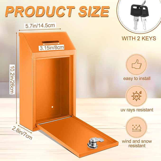 Yaocom Metal Money Box,Orange,10.24 x 5.71 x 2.95 Inch,No Lid | Wall Mounted Drop Donation Cash Box for Farm Stand Collection Safe Suggestion Box with Lock Container for Home Office Outdoor