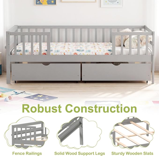Giantex Full Kids Bed with Storage Drawers, Wood Montessori Bed with Rails & Side Shelf, Low Daybed Bed Frame for Boys Girls, No Box Spring Needed (Grey)