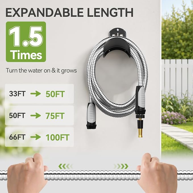 SPECILITE Expandable Metal Garden Water Hose 50 FT with Adjustable Nozzle | 1.5X Expandable, 304 Stainless Steel Heavy Duty, Flexible, Kink Free, Leak-Proof, Lightweight, for Reel Outdoor Yard Car Wash