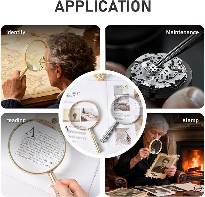 Lakei Magnifying Glass,10X Handheld Reading Magnifying Glass，110mm Shatter Resistant Lens, Non-Slip Handle, Suitable for Elderly Reading, Adults Close Work, Hobbies and Science (Gold)