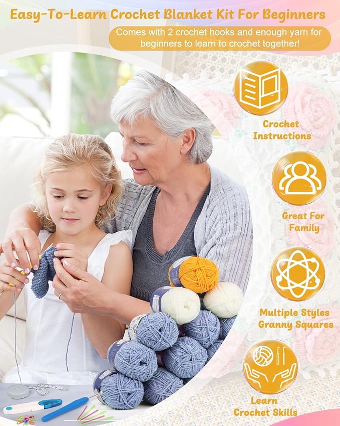 Coopay Crochet Kit for Beginners, Granny Square Blanket Kit, Blue-Purple | Crochet Kit W/Video Tutorial & Digital Instructions, All Accessories Included, Easy Knitting to Create Granny Square Blanket
