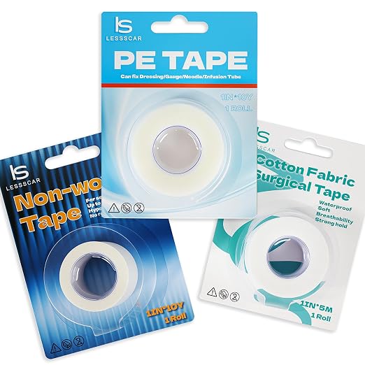 Medical Tape Variety Pack 3 Rolls PE,Non-Woven,Cotton Tape | Hypoallergenic latex-free tape; breathable waterproof; for sensitive skin, first aid & sports wrapping ﻿