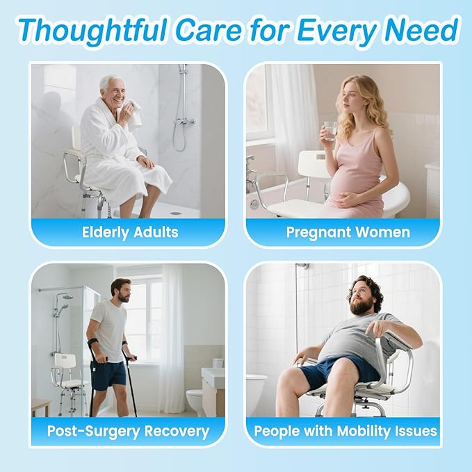 360° Swivel Shower Chair for Inside Tub, Shower Chair for Elderly and Disabled, 300lbs Heavy Duty Shower Seat with Adjustable Arms and Back, Bath Stool for Adults Senior Fits Bathroom Bathtub