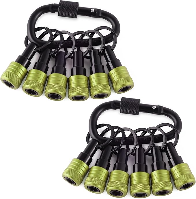 Katerk Bit Holder Keychain 12 Pcs, 1/4-Inch Hex Shank, Quick Release, Green | Aluminum Alloy, Impact Drivers, Drill Bits, Tool Belt Use, Carabiner Clip, One-Handed Operation, Ball Lock, Compact Organizer
