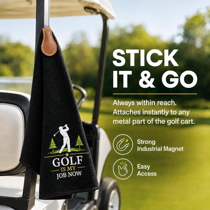 Dukars Golf Gifts for Men – Retirement Golf Towel with Detachable Magnetic Clip, 16''×24'' Microfiber Waffle Golf Towel, Funny Retirement Gift for Golfers Dad Husband (Black)