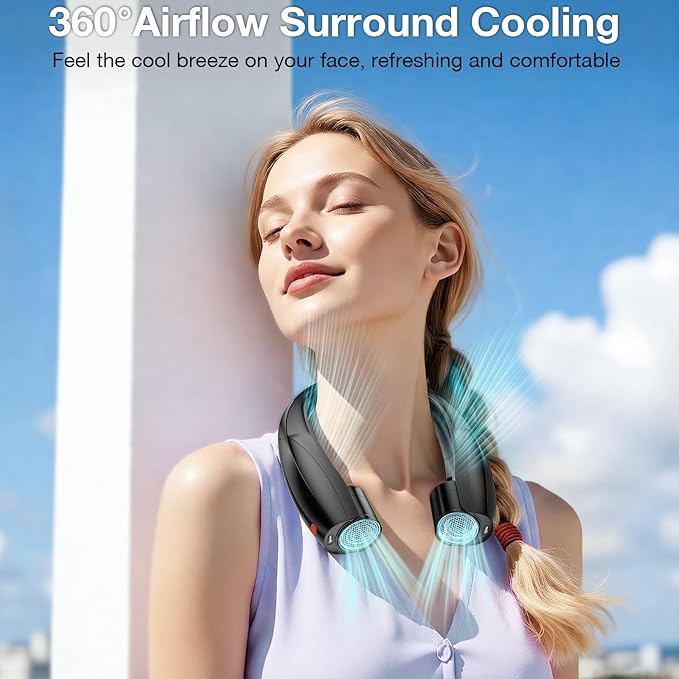 Portable Neck Fan, 6 Speeds Rechargeable Personal Fan with AI Chips, Hands-Free 360° Faster Cooling Wearable Fan, Ultra Quiet for Home, Office, Travel, Indoor, Outdoor - Black