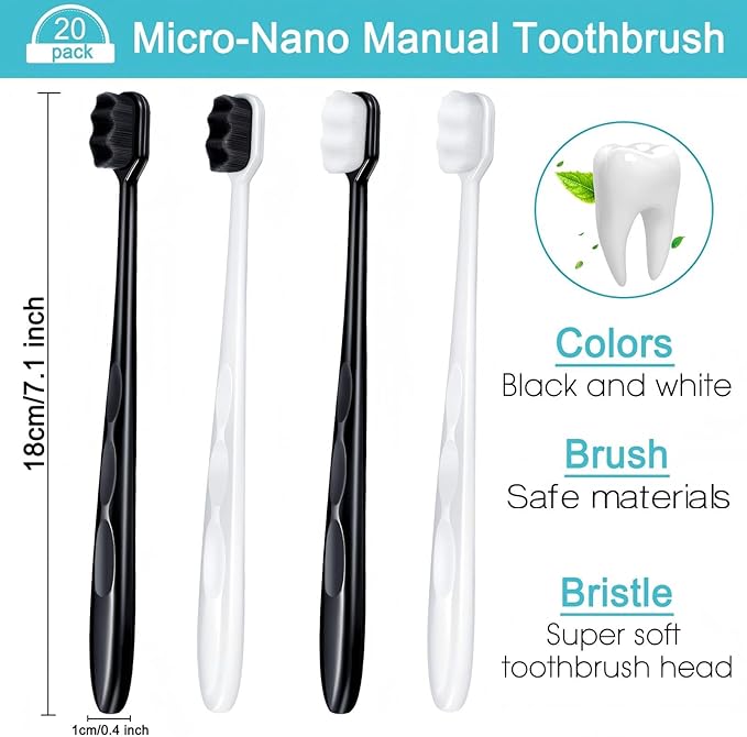 Patelai 20 Pieces Extra Soft Toothbrush Micro Nano 20, 000 Bamboo Charcoal Bristles Toothbrush Soft Bristle for Fragile Oral Teeth Recession, Black and White