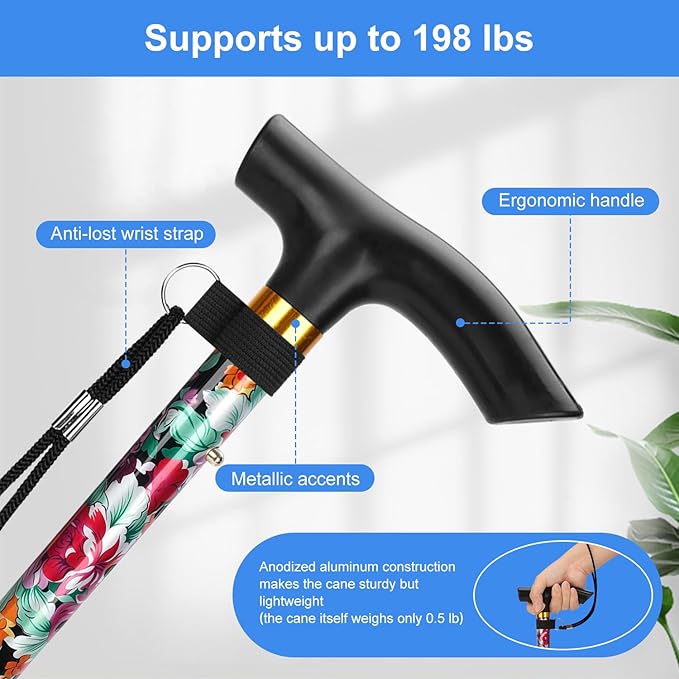 supregear Folding Cane, 5-Level Adjustable Height Walking Stick Lightweight Collapsible Portable Travel Cane with Wrist Strap and T Handle for Elderly Disabled Men Women