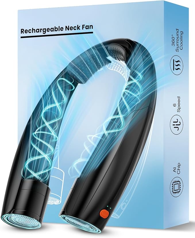 Portable Neck Fan, 6 Speeds Rechargeable Personal Fan with AI Chips, Hands-Free 360° Faster Cooling Wearable Fan, Ultra Quiet for Home, Office, Travel, Indoor, Outdoor - Black