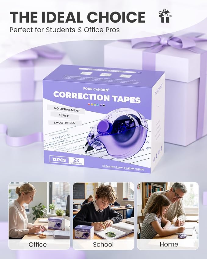 Four Candies Silent Correction Tape, White Correction Tape 12 Pack, 26.2ft | Ergonomic Easy-to-Use Applicator,Fast Clean Instant Corrections, Smooth High-Opacity Tear-Resistant Office & School Supplies