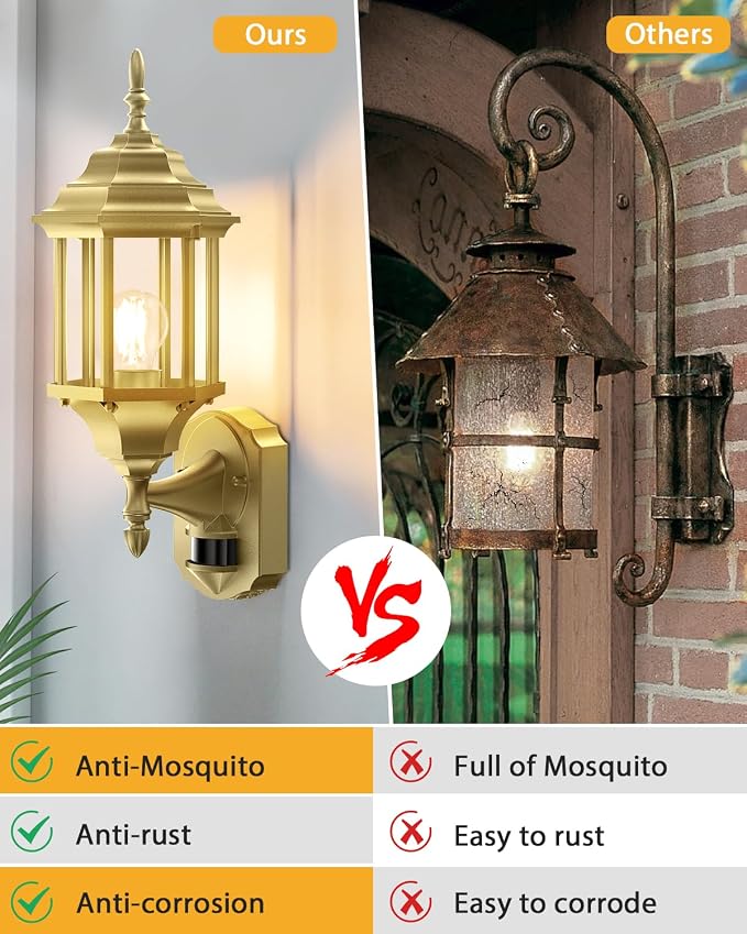 Redluck Motion Sensor Outdoor Wall Light Fixtures, 2Pack Outdoor Wall Lamps | Dusk to Dawn, Anti-Rust, Waterproof Aluminum Frame, Tempered Glass & Classic Exterior Porch Lights for House Garage, Gold