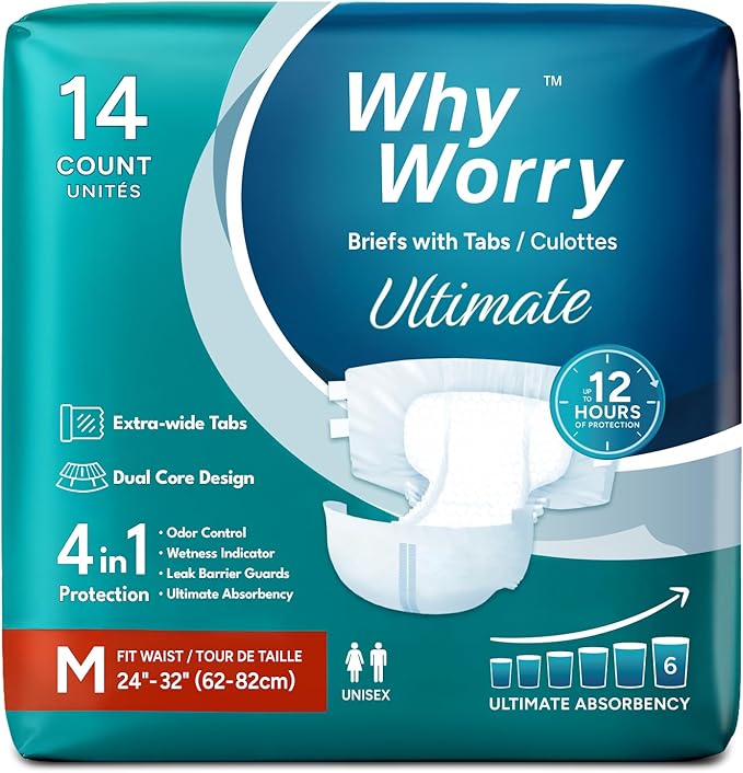 WhyWorry Ultimate Adult Diapers for Men and Women, Disposable Adult Briefs with Tabs for Incontinence, Unisex Incontinence Briefs with Tabs, Ultimate Absorbency, Odor Control, Medium, 14 Count