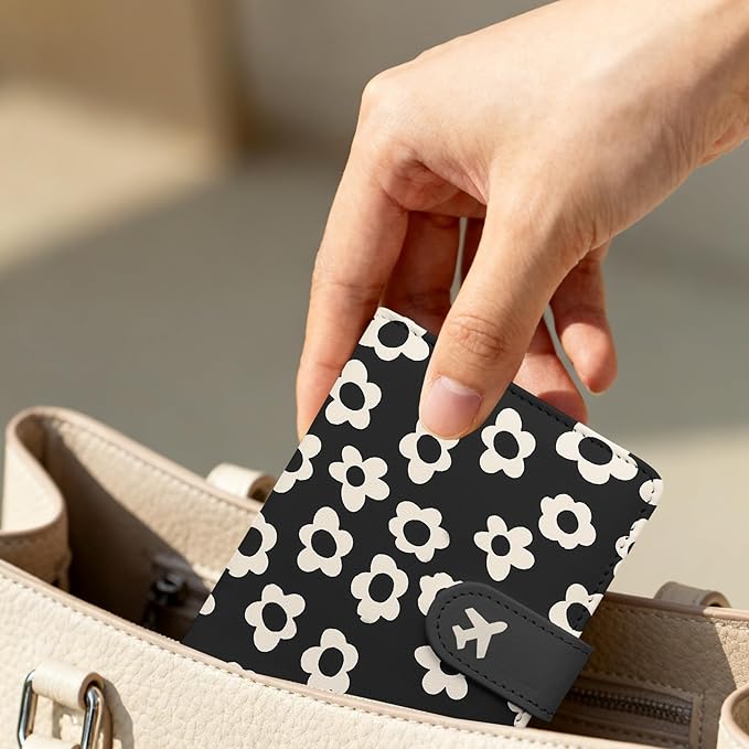 Passport Holder, Cute Travel Wallet Cover with RFID Blocking,Flower | PU leather travel wallet with magnetic closure, card slots, pen loop, and easy access for passports and essentials.