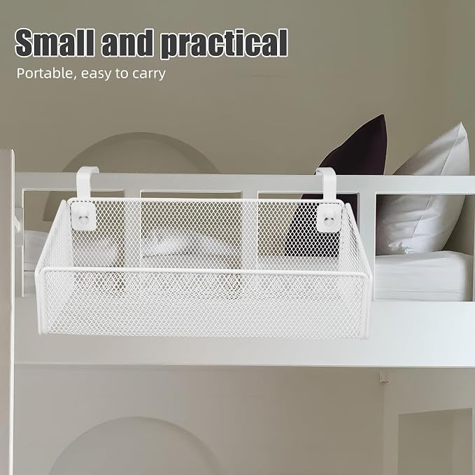 Luxshiny Bedside Hanging Storage Basket Organizer with Hooks Wire Mesh Shelf for Dorm Bunk Bed Essentials Bedroom Office