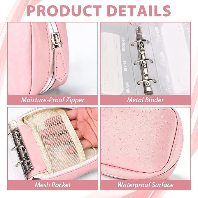 A8 Waterproof Pill Organizer, Waterproof Pill Pouch Set, Travel Medicine Organizers with 14 Color-Coded Pouches, Leakproof Reusable Zippered Storage Case, Compact Daily Pills Holder (Pink)