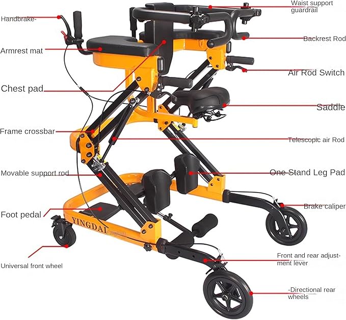 Adjustable Medical Walker with Stand-Up Support, Walking Frame, Adult Walker, Lower Limb Training, Home Rehabilitation Equipment, Multi-Function Mobility Aid with 4 Wheels (Yellow)