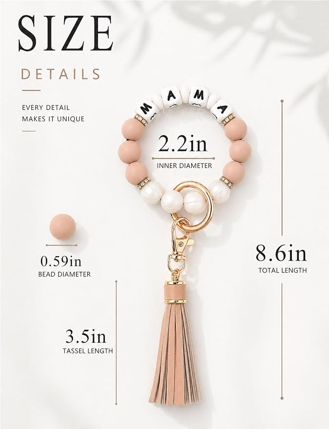 BAOSIWA Silicone Beaded Bracelet Keychain Wristlet Key Ring Bangle Chains for Women with Leather Tassel