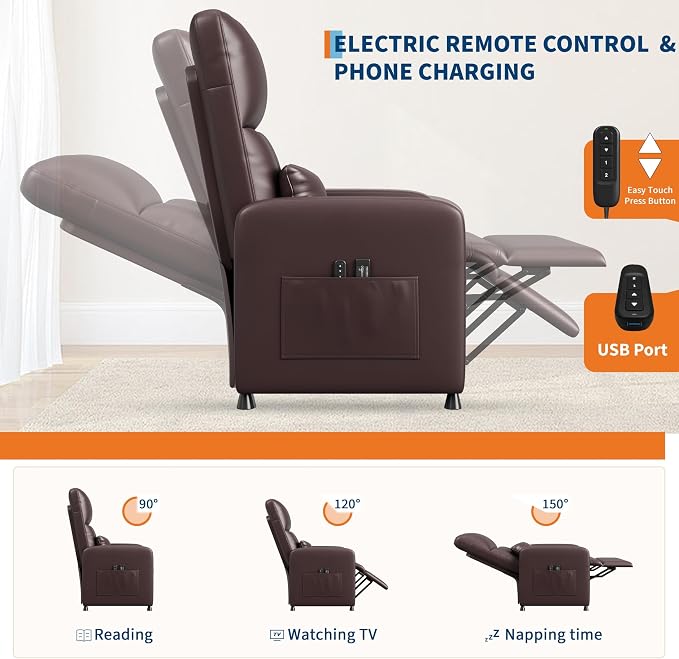 GarveeHome Power Recliner Chair - Heat and Massage, Adjustable Electric Recliner Ergonomic PU Leather Single Sofa, Tall Back, Padded Seat, Home Theater Seating for Living Room