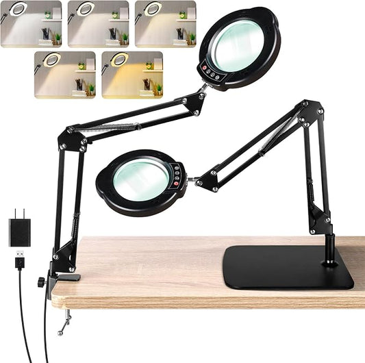 10X Magnifying Glass with Light and Stand, LED Desk Lamp with Base and Clamp, 5 Color Mode, 10 Dimmable Levels, Hands Free for Reading Crafts Jewelry Sewing Close Work