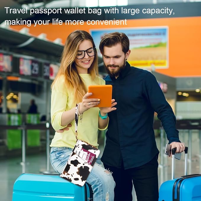Family Passport Holder Wallet RFID Blocking Document Organizer | PU Leather Mulit-purpose Travel Wallet Credit Cards Case for Women Men, Cow Print