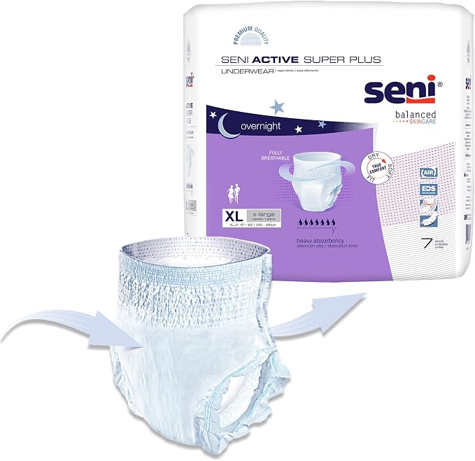Seni Active Super Plus Unisex Adult Incontinence Underwear, Heavy Absorbency, Pull On Disposable Overnight Underwear for Men & Women (X-Large, 7, Count)