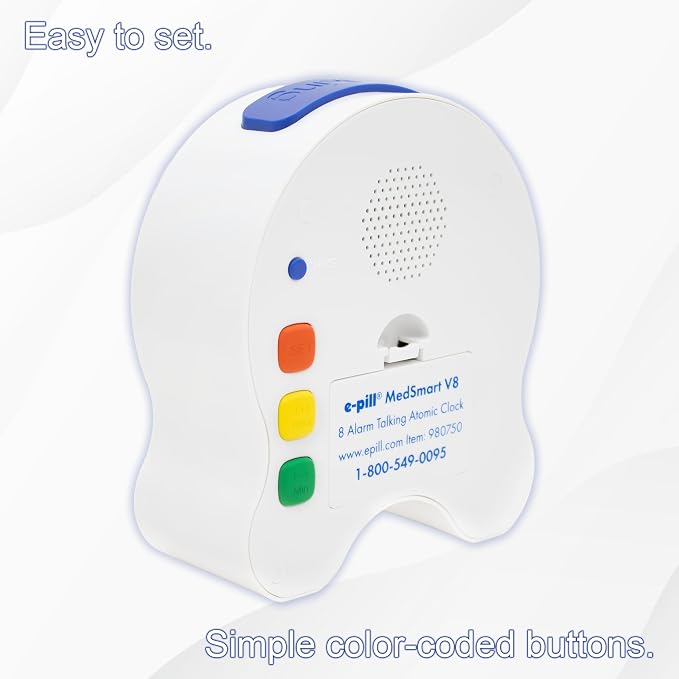 e-Pill MedSmart V8 Medication Reminder Clock for Seniors – 8 Loud Daily Alarms, Atomic Auto-Set Time, Large Easy-Read Screen, White