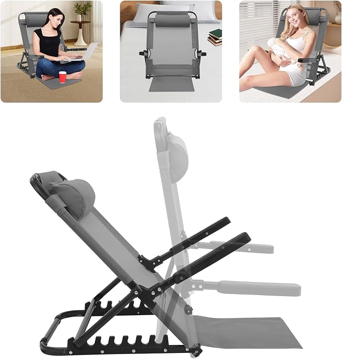 Adjustable Lifting Bed Backrest with Armrests 8-Position Adjustable, 330LBS Load Bed Back Support Chair for Reading Sleeping Watching TV, Portable Folding Floor for Elderly or Patients (Grey)