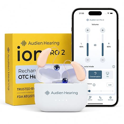 Audien ION Pro 2 Hearing Aids for Seniors & Adults | Advanced OTC, Bluetooth & App, Sound Check Included, FDA-Registered, Personalized Profiles, Halo Design